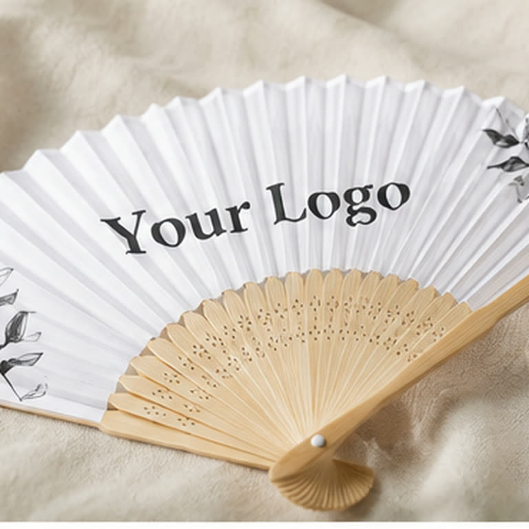 Personalized white hand fan with a printed logo, shown on linen