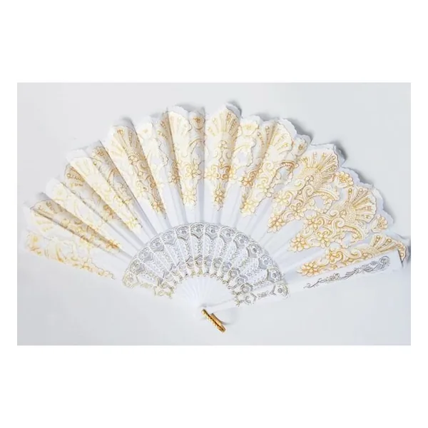 Abanico de encaje blanco y dorado, muestra de producción
