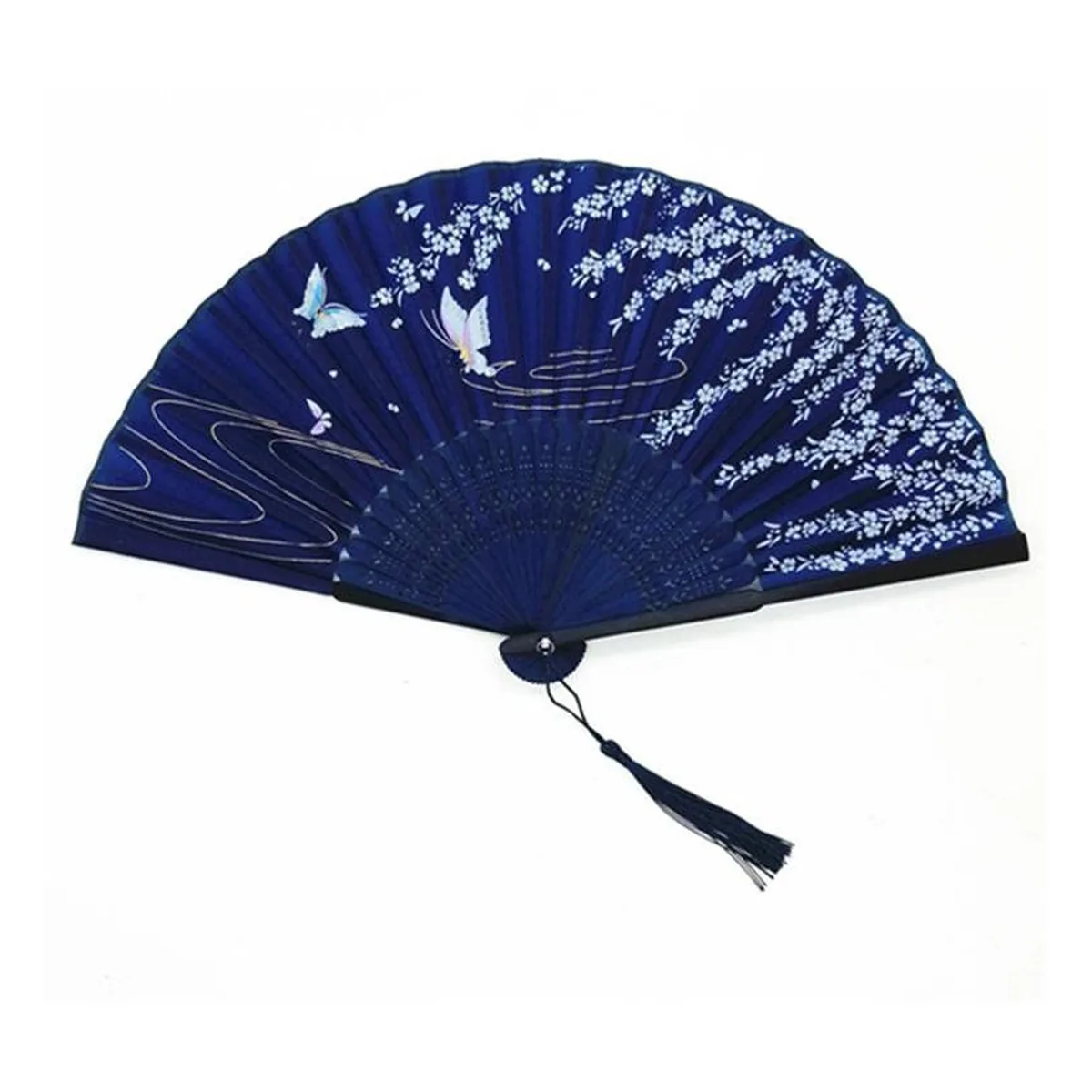 Abanico de bambú personalizado, mariposas azul noche — personalizado con tu logo