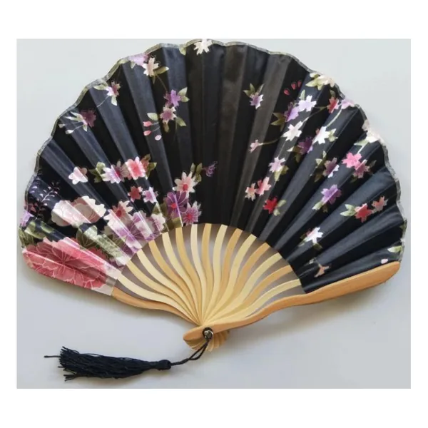 Abanico concha de bambú personalizado, satén negro floral