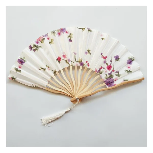 Abanico dragón de bambú personalizado, satén turquesa floral — diseño 2