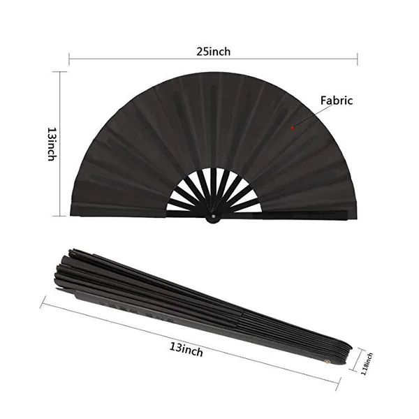 Abanico plegable grande de bambú personalizado, negro, con funda — diseño 2
