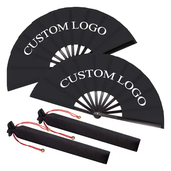 Abanico plegable grande de bambú personalizado, negro, con funda