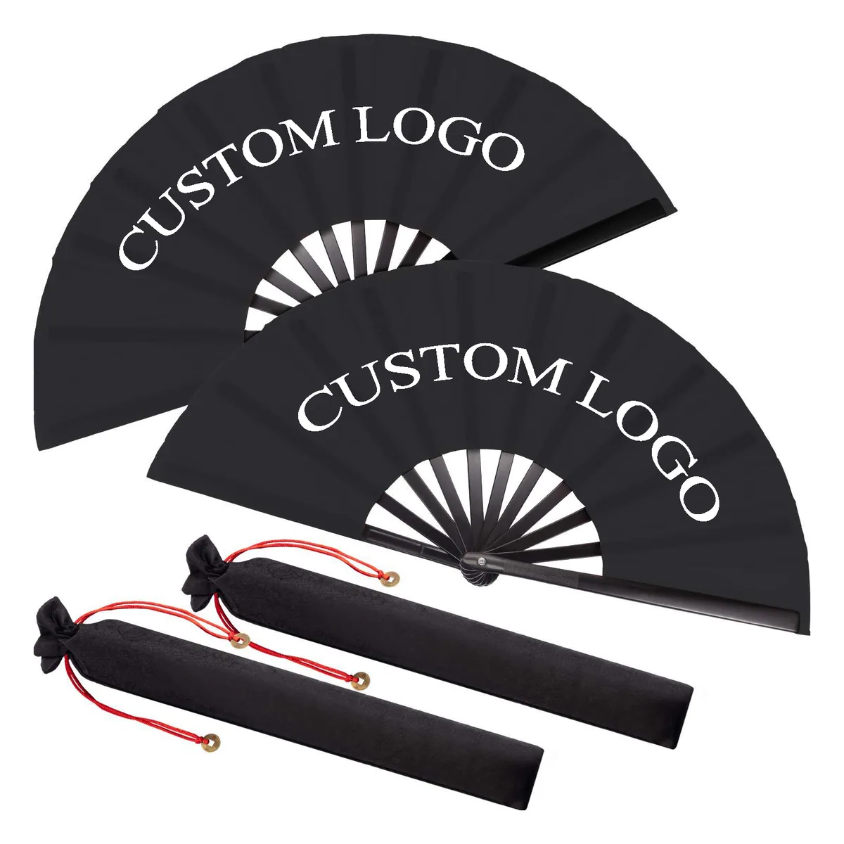 Abanico plegable grande de bambú personalizado, negro, con funda — personalizado con tu logo