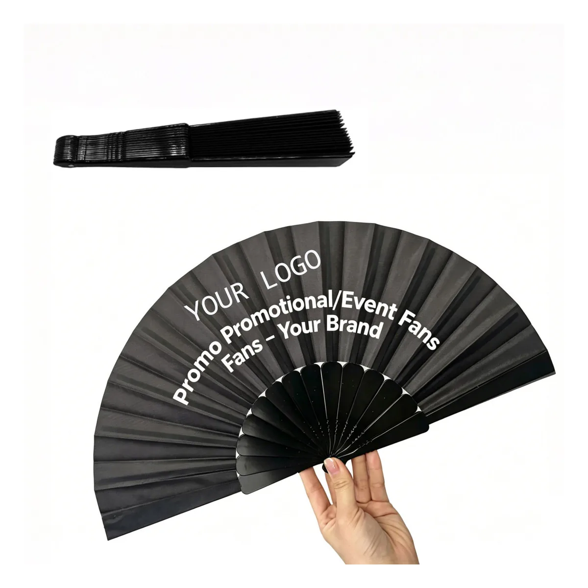 Abanico negro personalizado 42 cm, varillas de bambú, formato evento — personalizado con tu logo