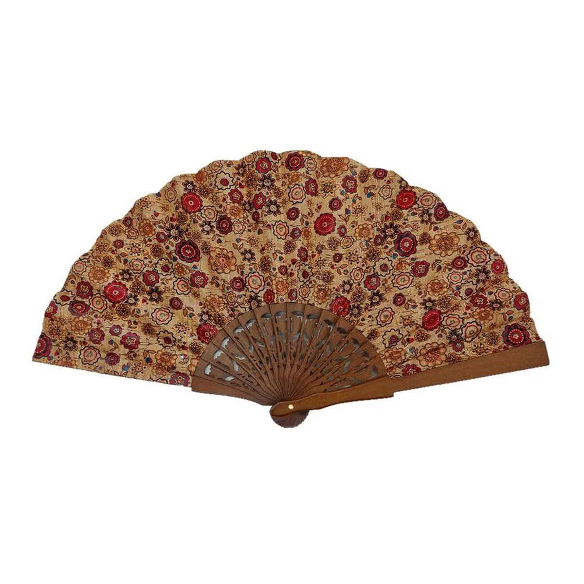 Abanico de corcho personalizado, floral, varillas talladas — personalizado con tu logo