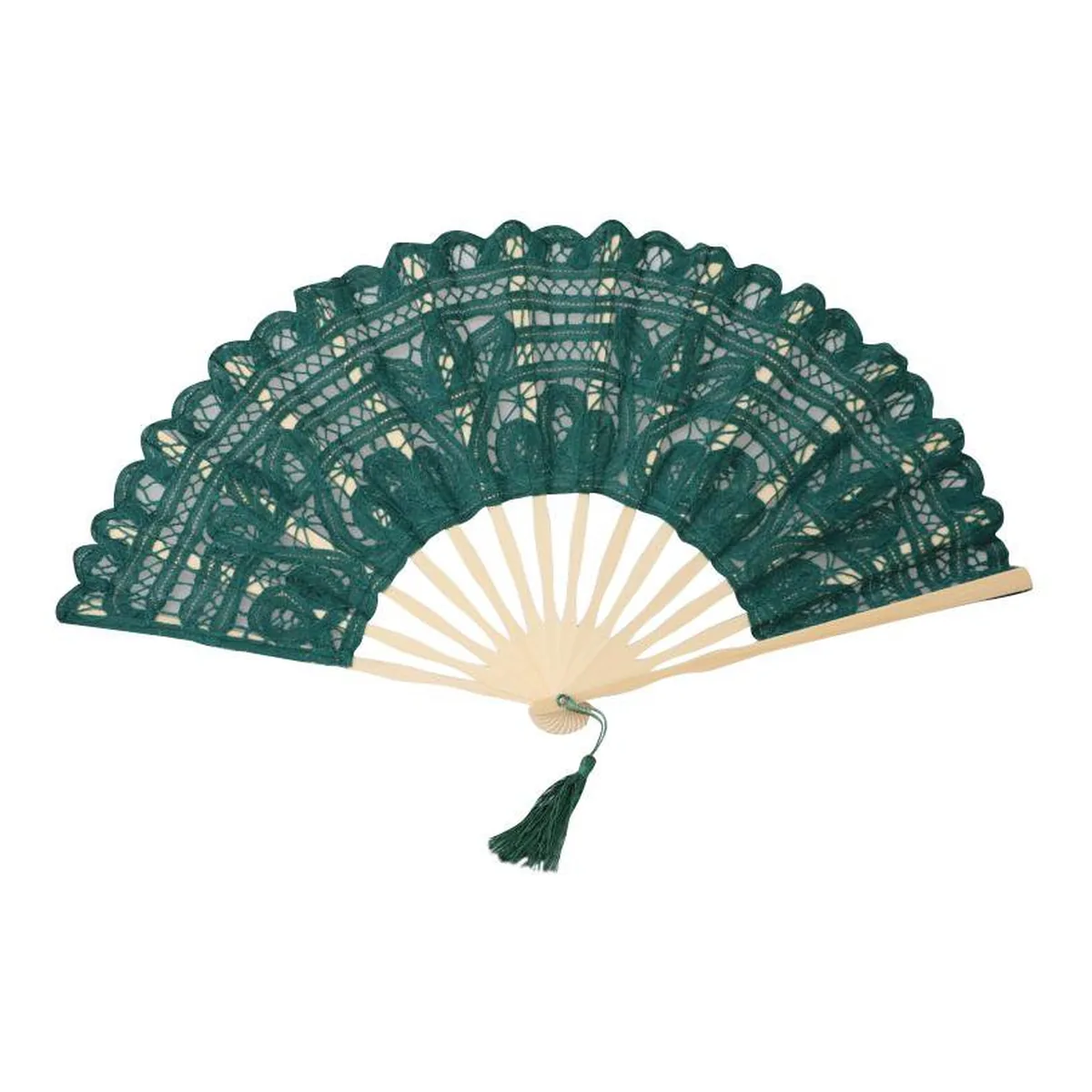 Abanico de encaje personalizado, verde esmeralda, borla — personalizado con tu logo