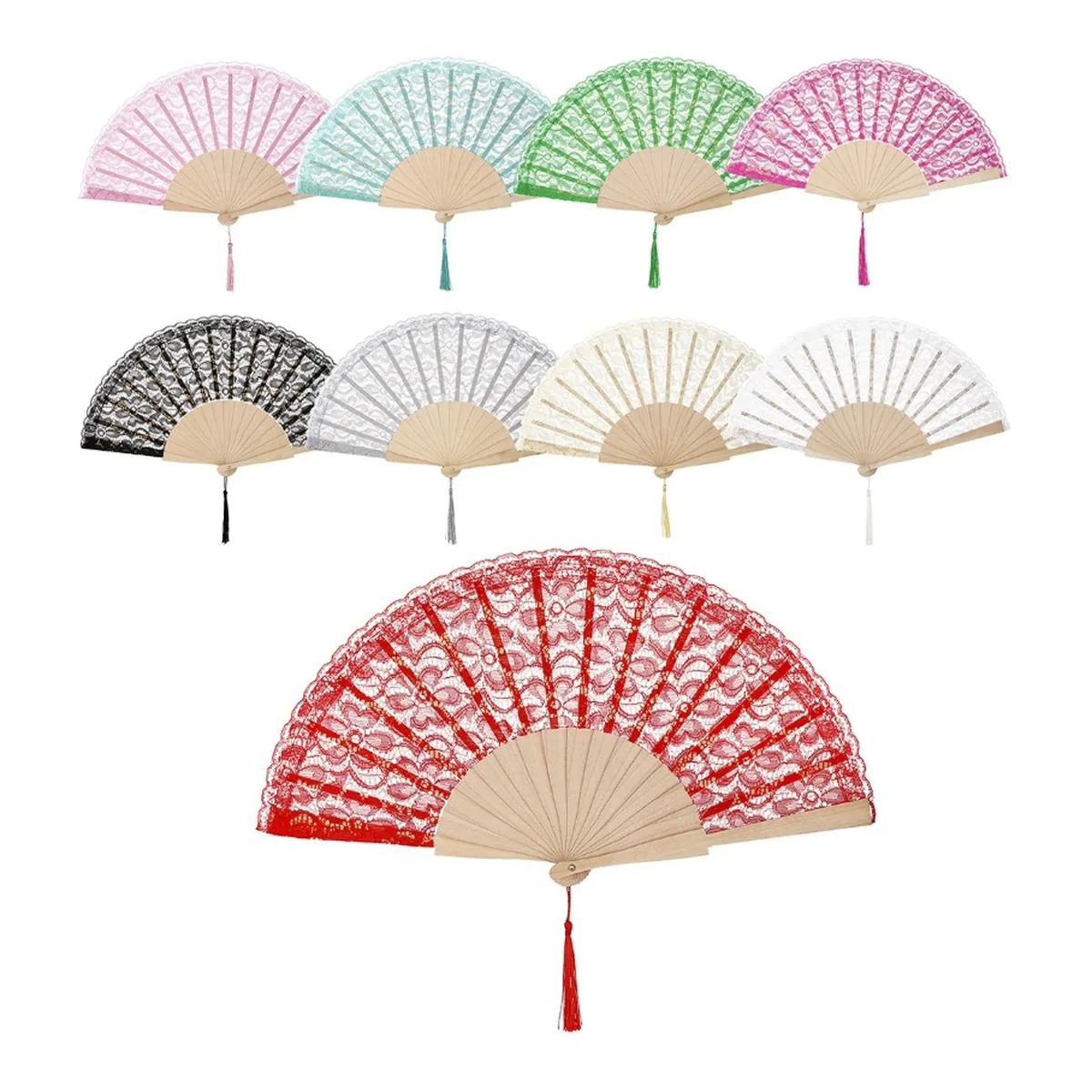 Abanico de encaje personalizado con borla, madera, 9 colores — personalizado con tu logo