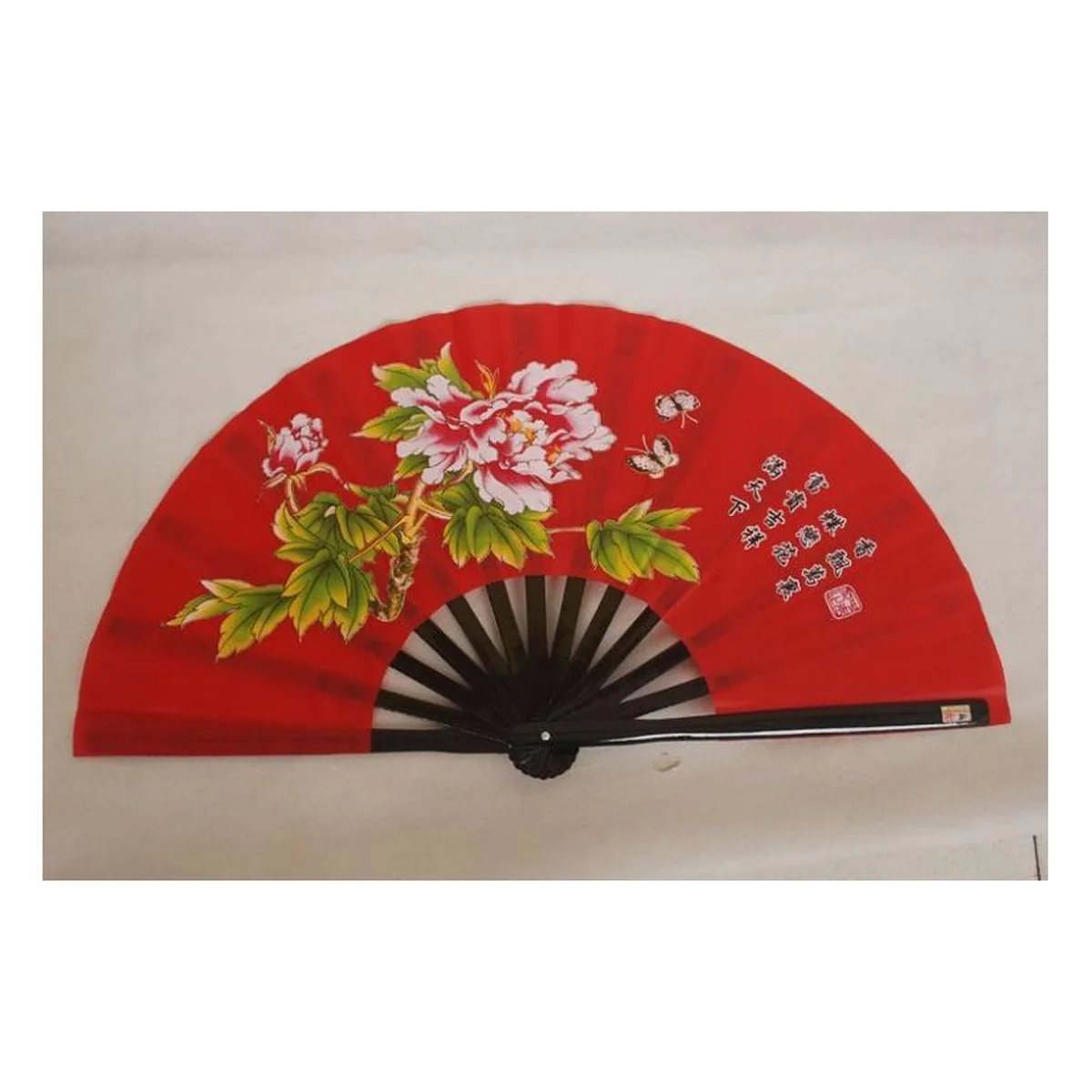 Abanico grande de plástico 33 cm, tela roja de peonías — personalizado con tu logo
