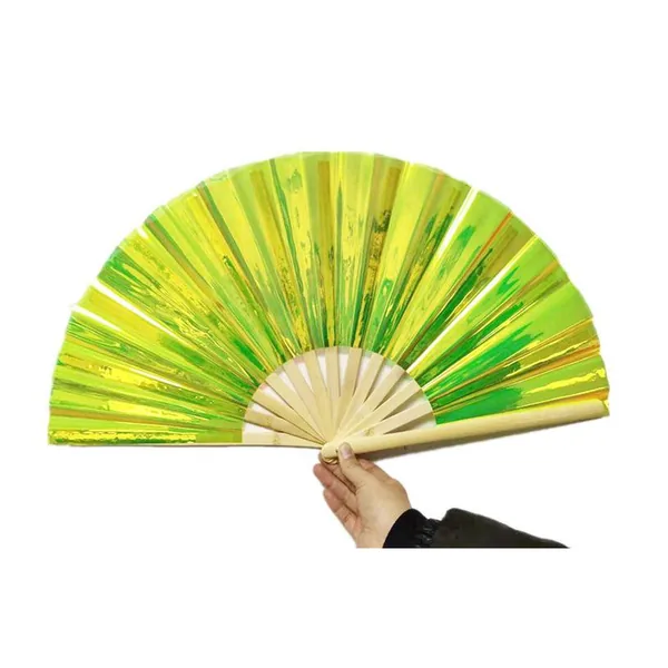 Abanico iridiscente personalizado 33 cm, PVC lima, bambú