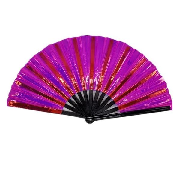 Abanico iridiscente personalizado 33 cm, PVC violeta y oro — diseño 2