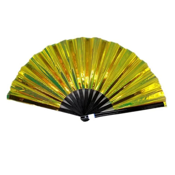 Abanico iridiscente personalizado 33 cm, PVC violeta y oro — diseño 3