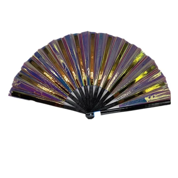 Abanico iridiscente personalizado 33 cm, PVC violeta y oro — diseño 4