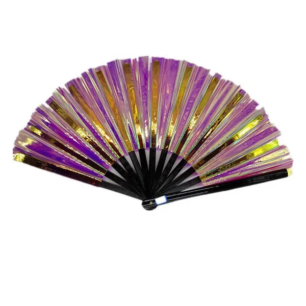Abanico iridiscente personalizado 33 cm, PVC violeta y oro