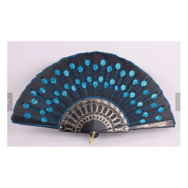 Abanico de lentejuelas personalizado, pavo real azul bordado — diseño 3