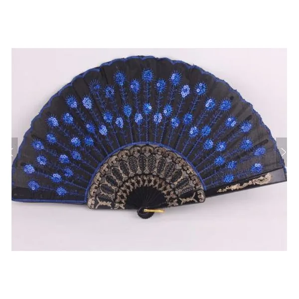 Abanico de lentejuelas personalizado, pavo real azul bordado