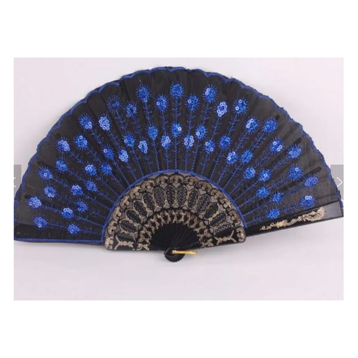 Abanico de lentejuelas personalizado, pavo real azul bordado — personalizado con tu logo