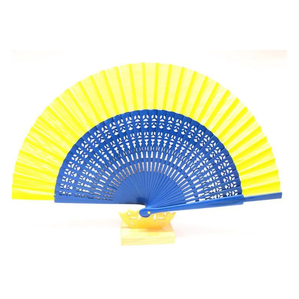 Abanico de madera bicolor personalizado, amarillo y azul — personalizado con tu logo