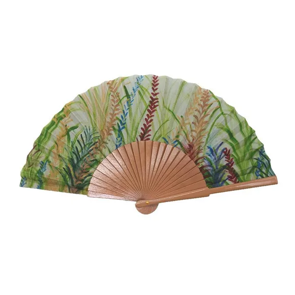 Abanico de madera pintado a mano, botánico, varillas cobre