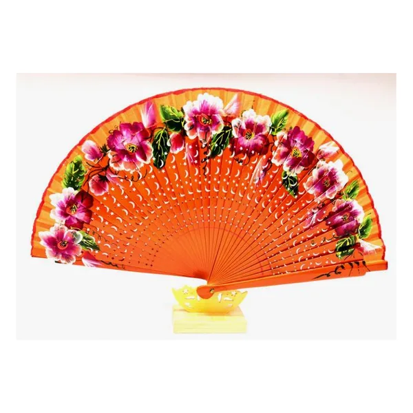 Abanico de madera calada 23 cm, estampado floral — diseño 2