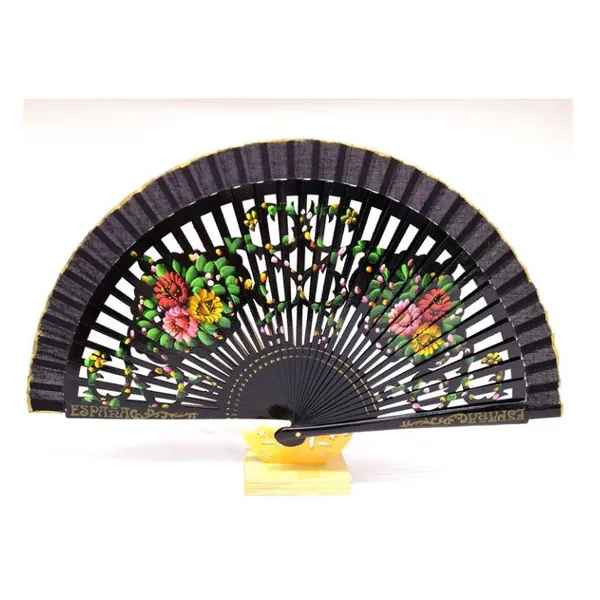 Abanico de madera calada 23 cm, estampado floral — diseño 3