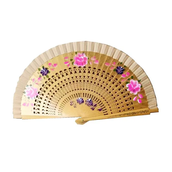 Abanico de madera calada 23 cm, estampado floral — diseño 4
