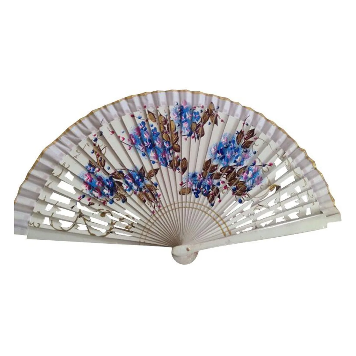Abanico de madera impreso personalizado, floral crema — personalizado con tu logo