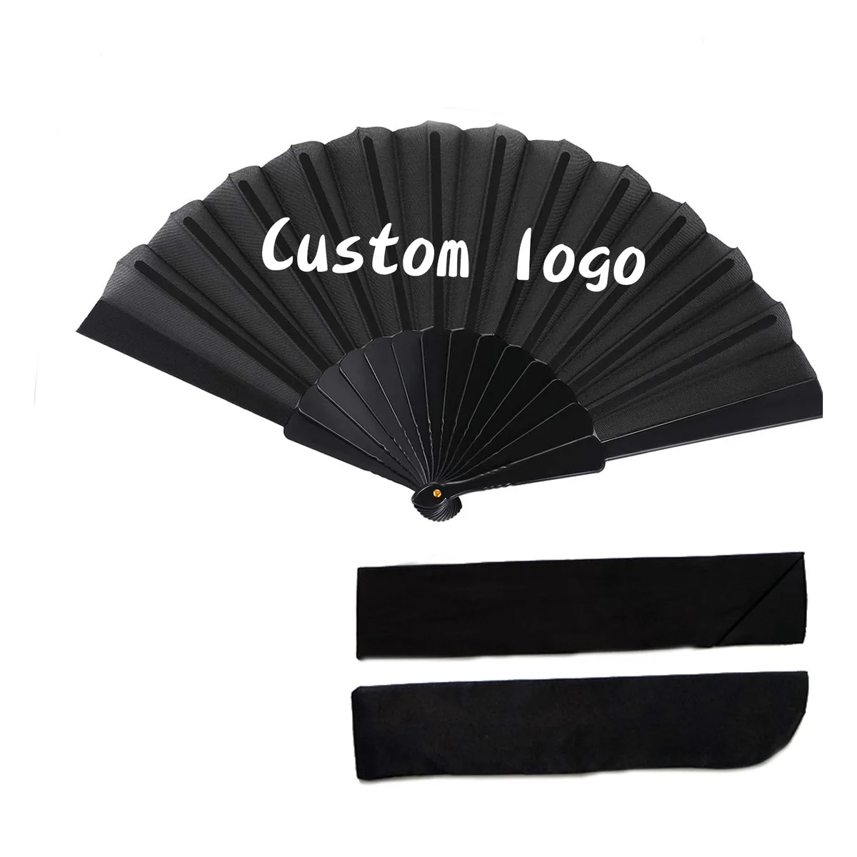 Abanico de papel negro personalizado 42 cm, con bolsita — personalizado con tu logo