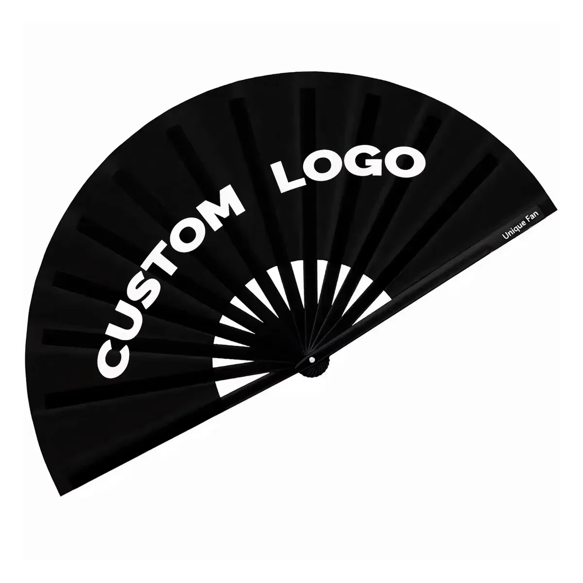 Abanico negro de festival personalizado, satén, gran formato — personalizado con tu logo